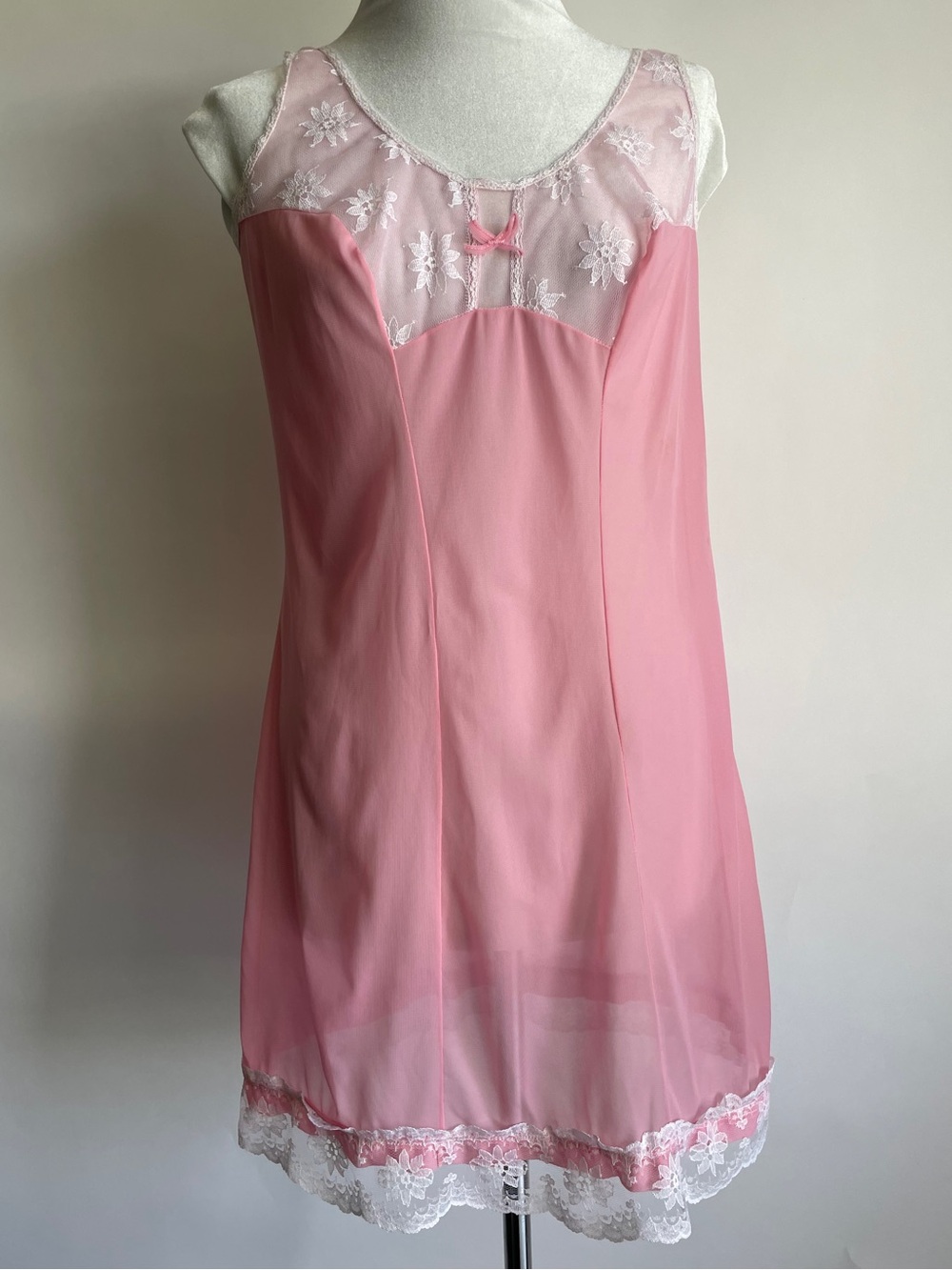 Vintage Pink Nylon Lace Slip Nightie MadMen Girlie White Lace Lingerie SEE PHOTO